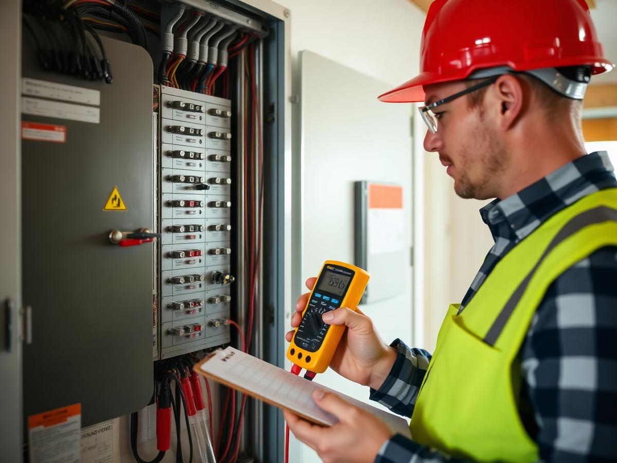 Elektriker mäter i äldre elcentral med multimeter och protokoll