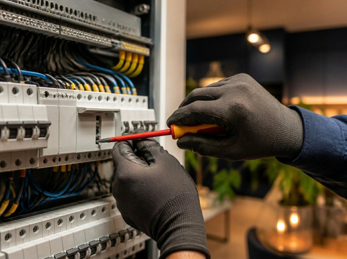 Elektriker arbetar noggrant i en elcentral